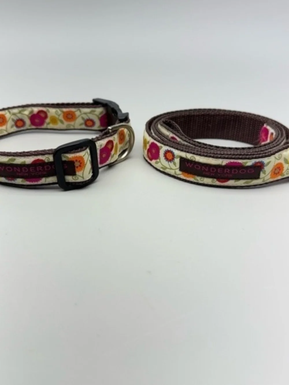Floral Dog Collar and Leash Set - Brown with Pink & Orange Flowers